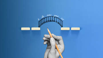 A hand holding a pencil and drawing a bridge. On each side of the bridge are wooden blocks representing words. Above the bridge are the following French prepositions: à, de, avec, pour, sur.